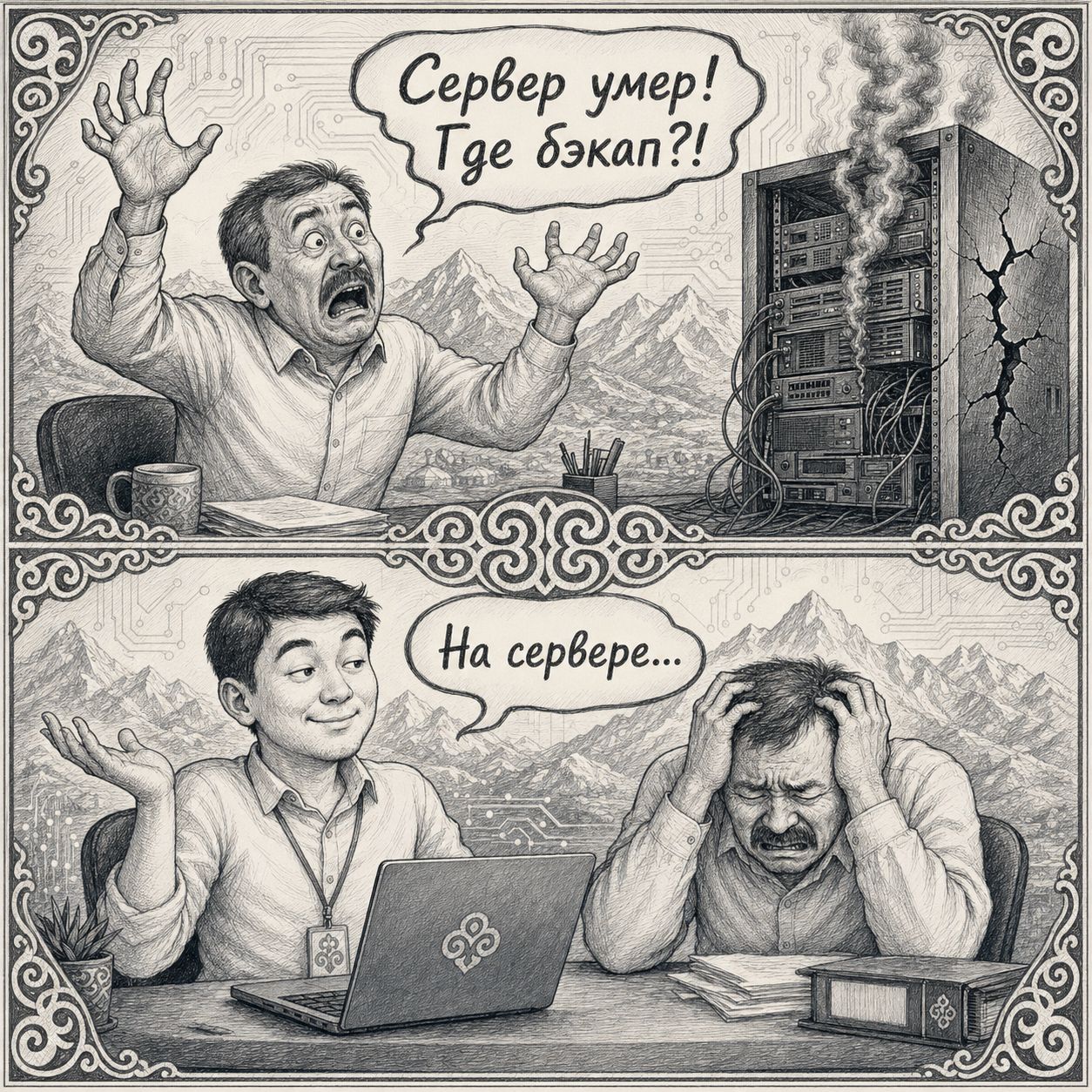 Комикс: — Сервер умер! Где бэкап?! — На сервере…